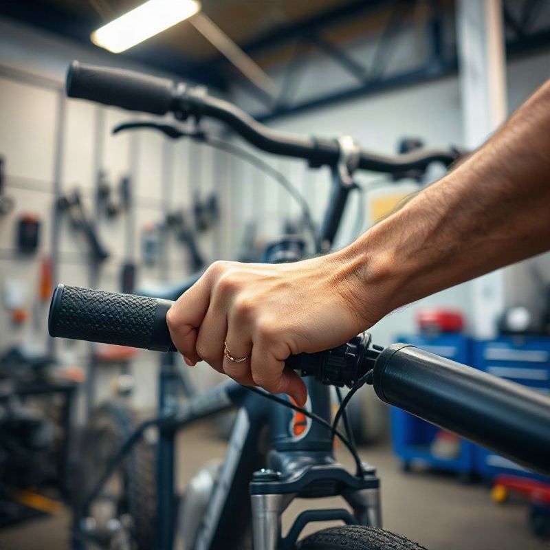 Mãos de um mecânico regulando o câmbio de uma bicicleta