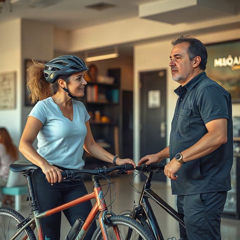 Ciclista conversando com um mecânico ao lado da bicicleta