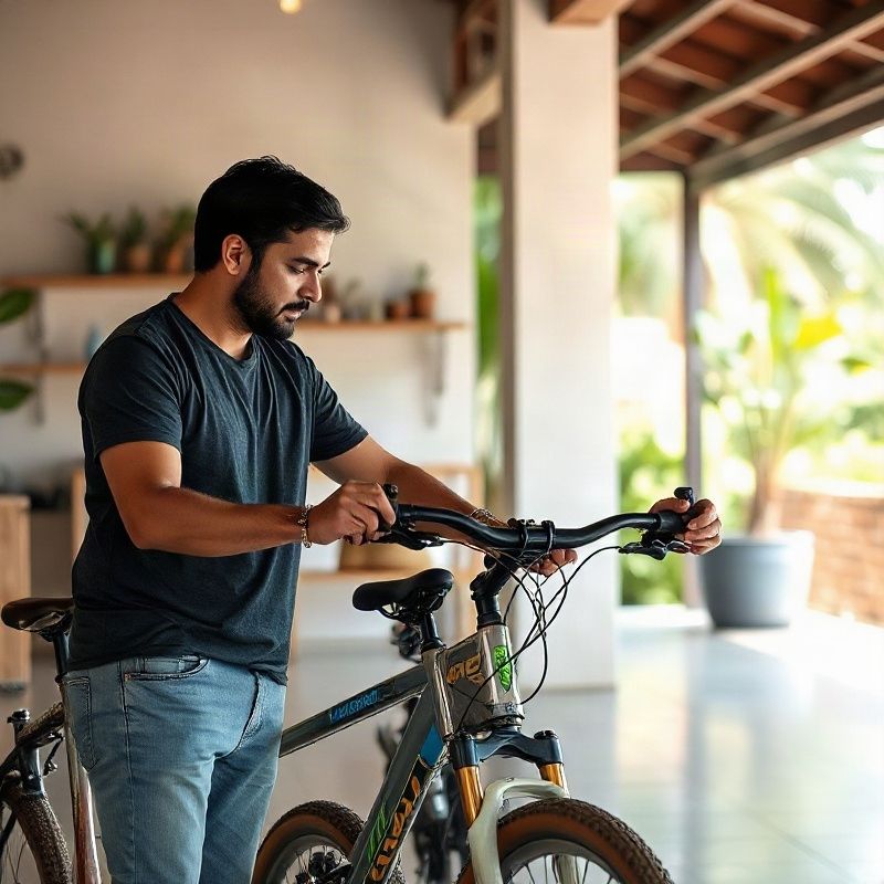Dois integrantes da oficina examinando uma roda de bicicleta